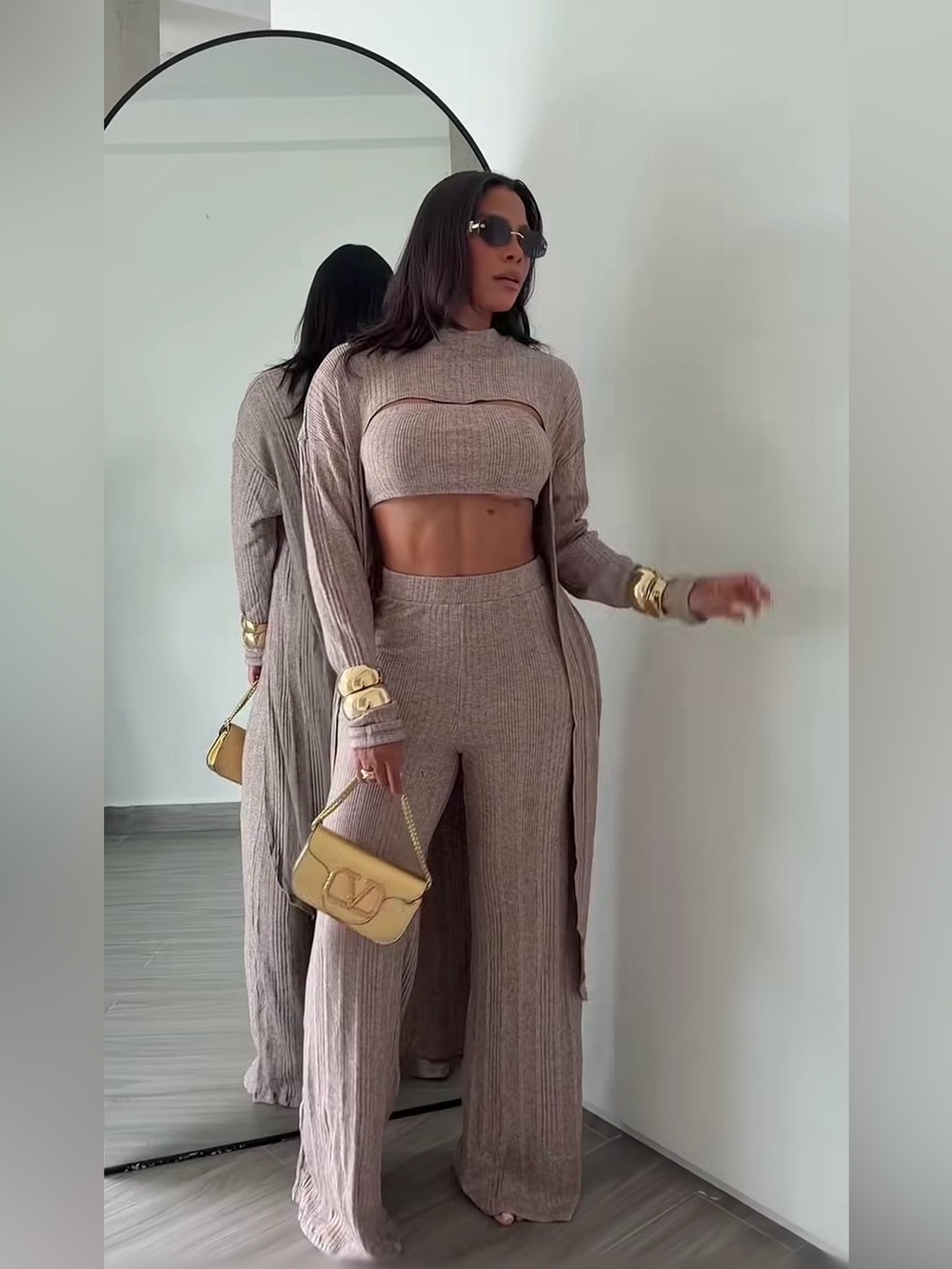 Win Win Ribbed Knit Wide-Leg Pants Set in Taupe medium